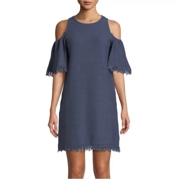 NWT Milly Neiman Marcus Denim-Knit Cold-Shoulder Fringe Dress - Size XS Petite - Picture 7 of 8